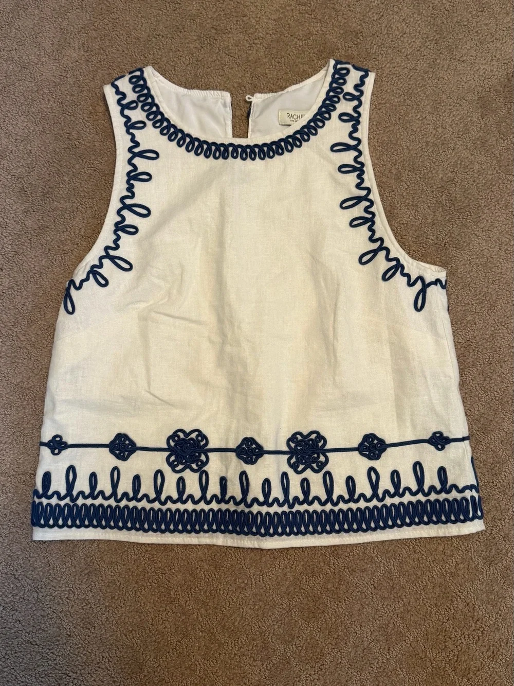 White Linen Tank with Navy Trim